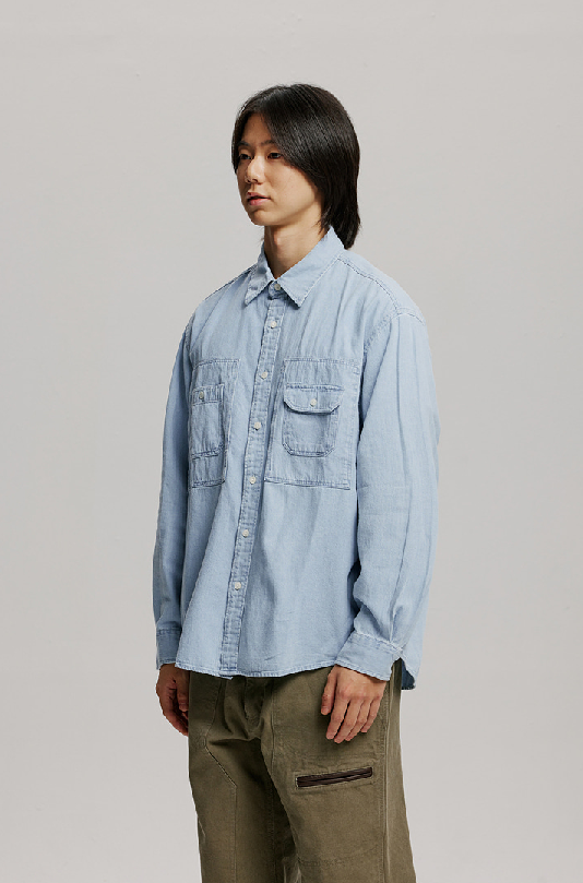 Bleach Denim Utility Shirt - Light Blue