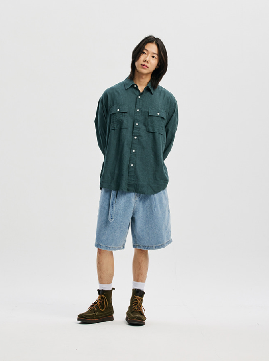 Cigarette Pocket Linen Rayon Shirt - Teal