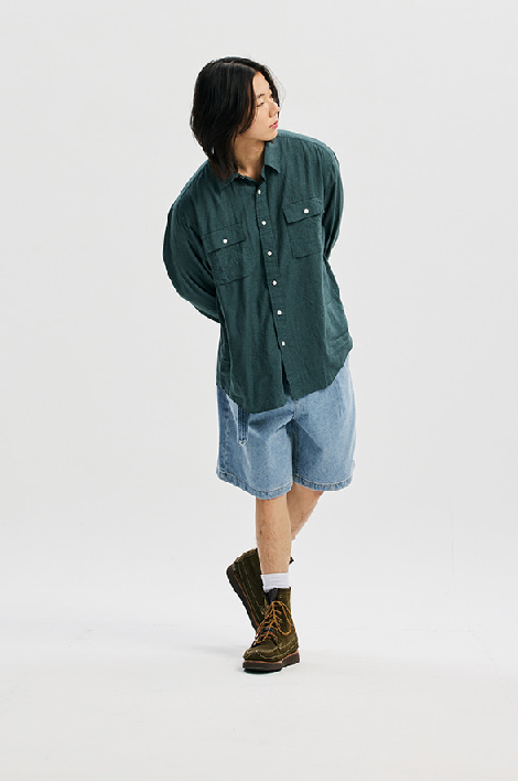 Cigarette Pocket Linen Rayon Shirt - Teal