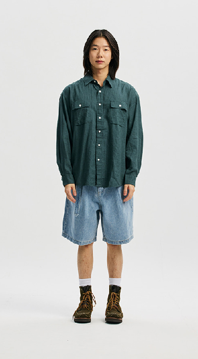Cigarette Pocket Linen Rayon Shirt - Teal