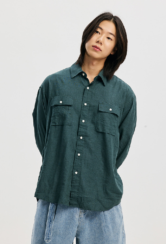Cigarette Pocket Linen Rayon Shirt - Teal