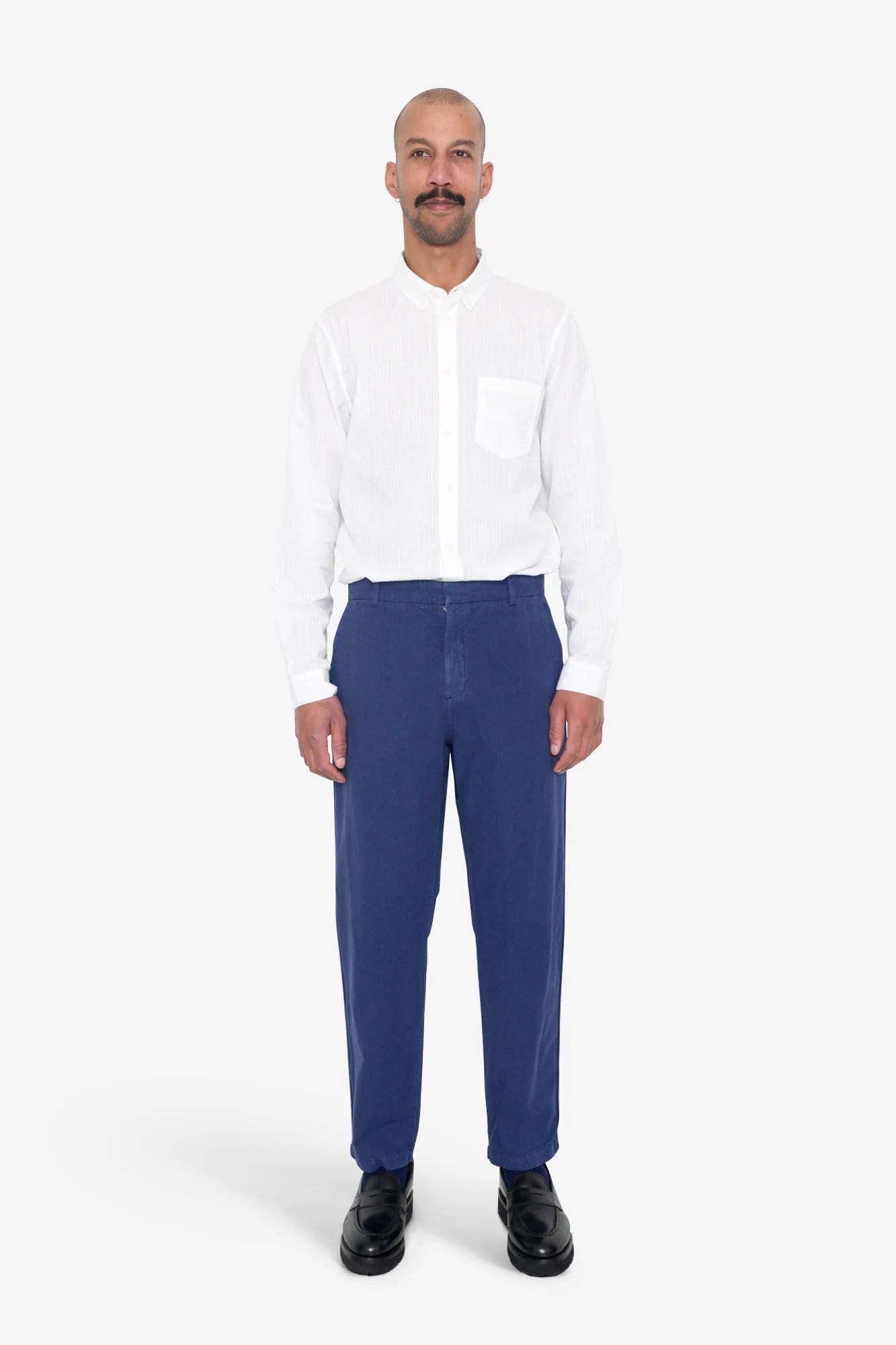Fixed Waistband Cotton Linen Trousers - Deep Blue
