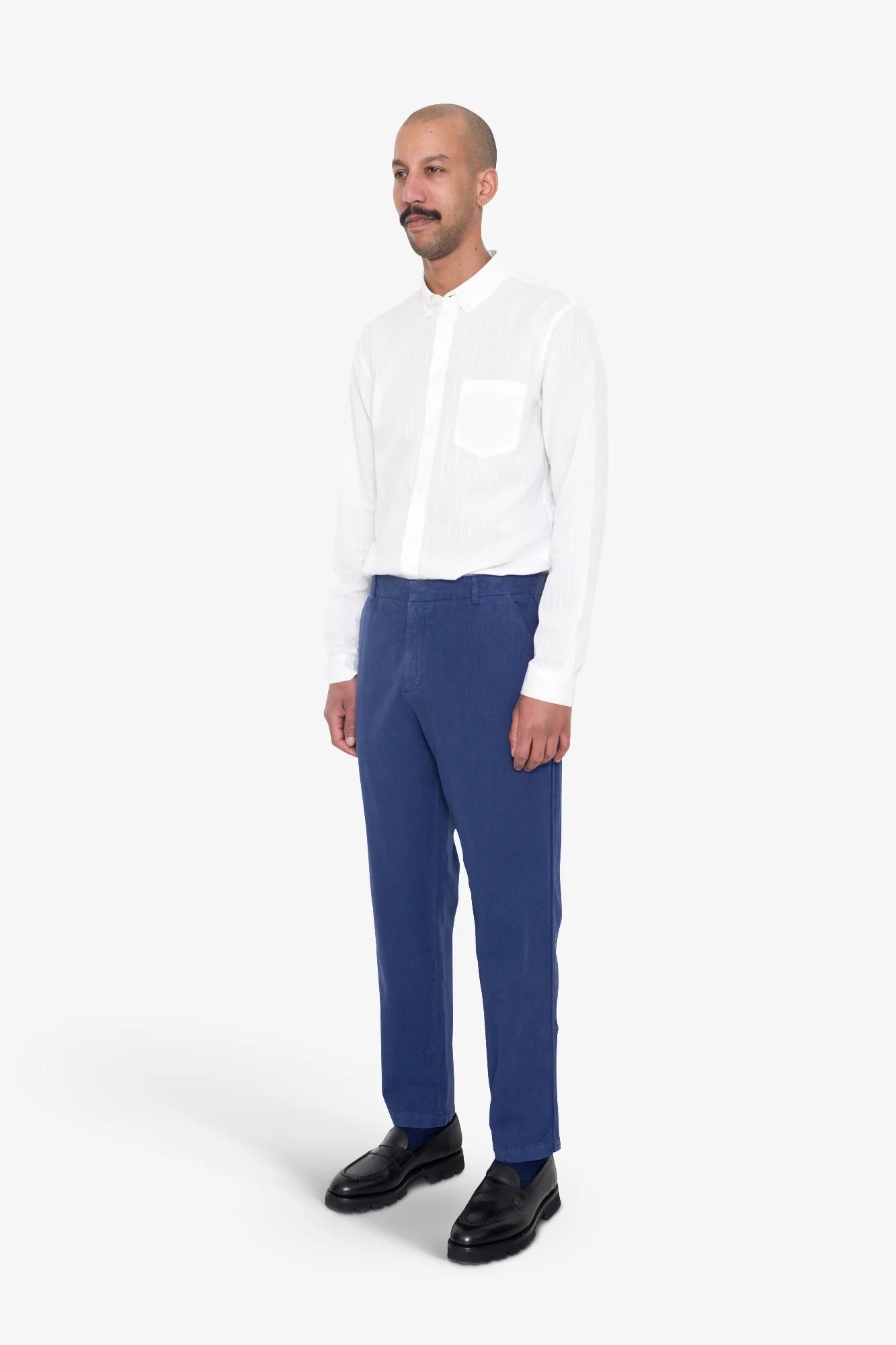 Fixed Waistband Cotton Linen Trousers - Deep Blue