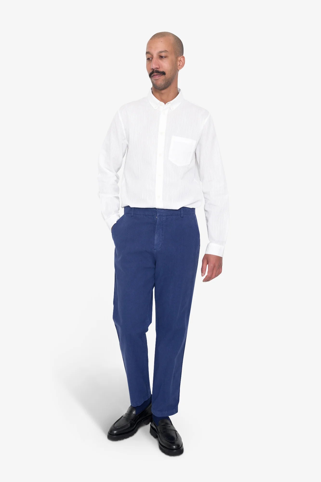 Fixed Waistband Cotton Linen Trousers - Deep Blue