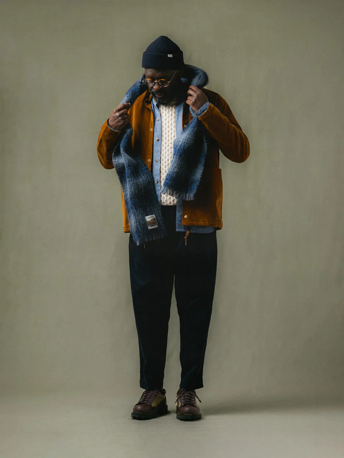 Muir Brushed Scarf - Navy Check Mohair Blend