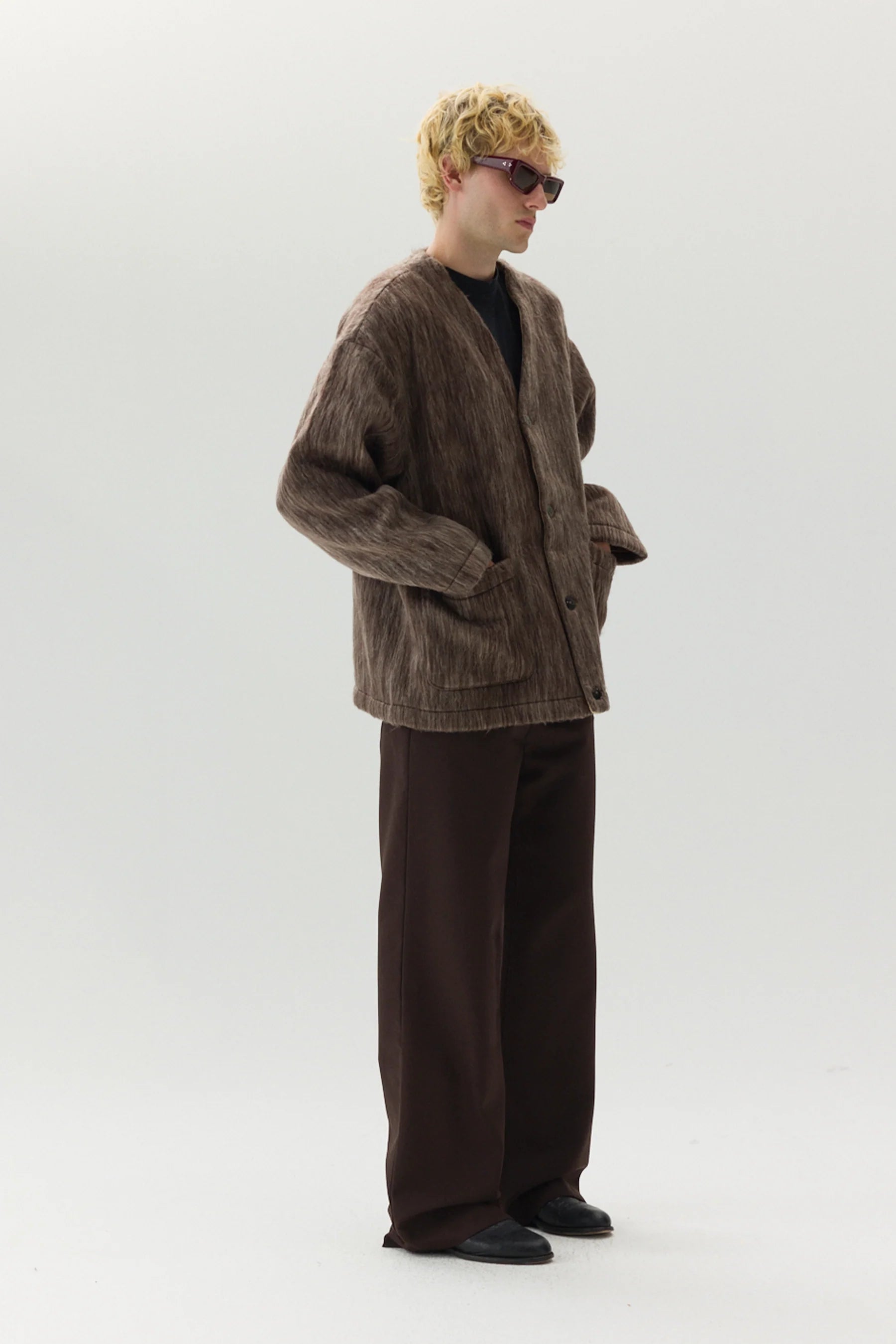 Bonded Shaggy Wool Cardigan - Brown