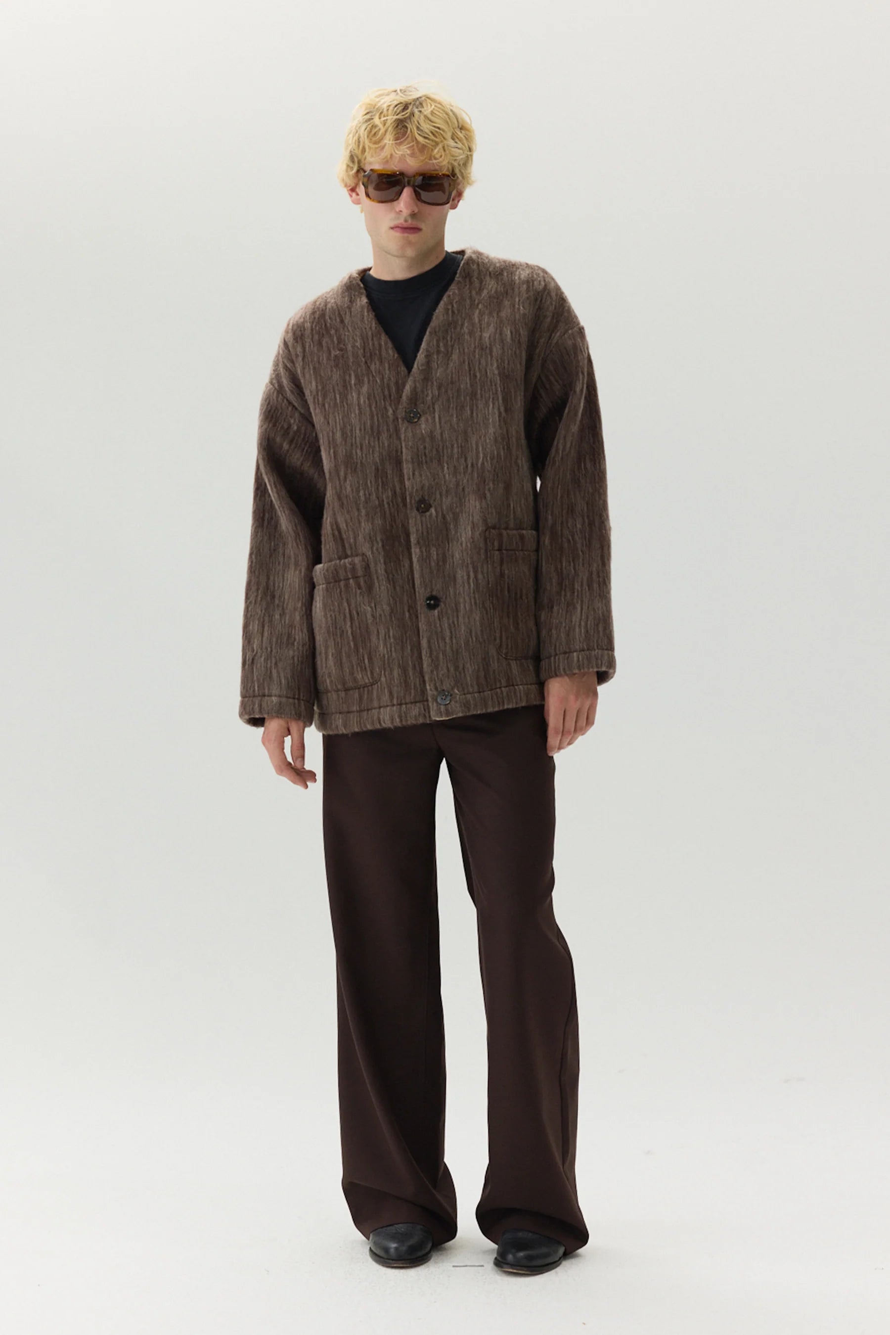 Bonded Shaggy Wool Cardigan - Brown