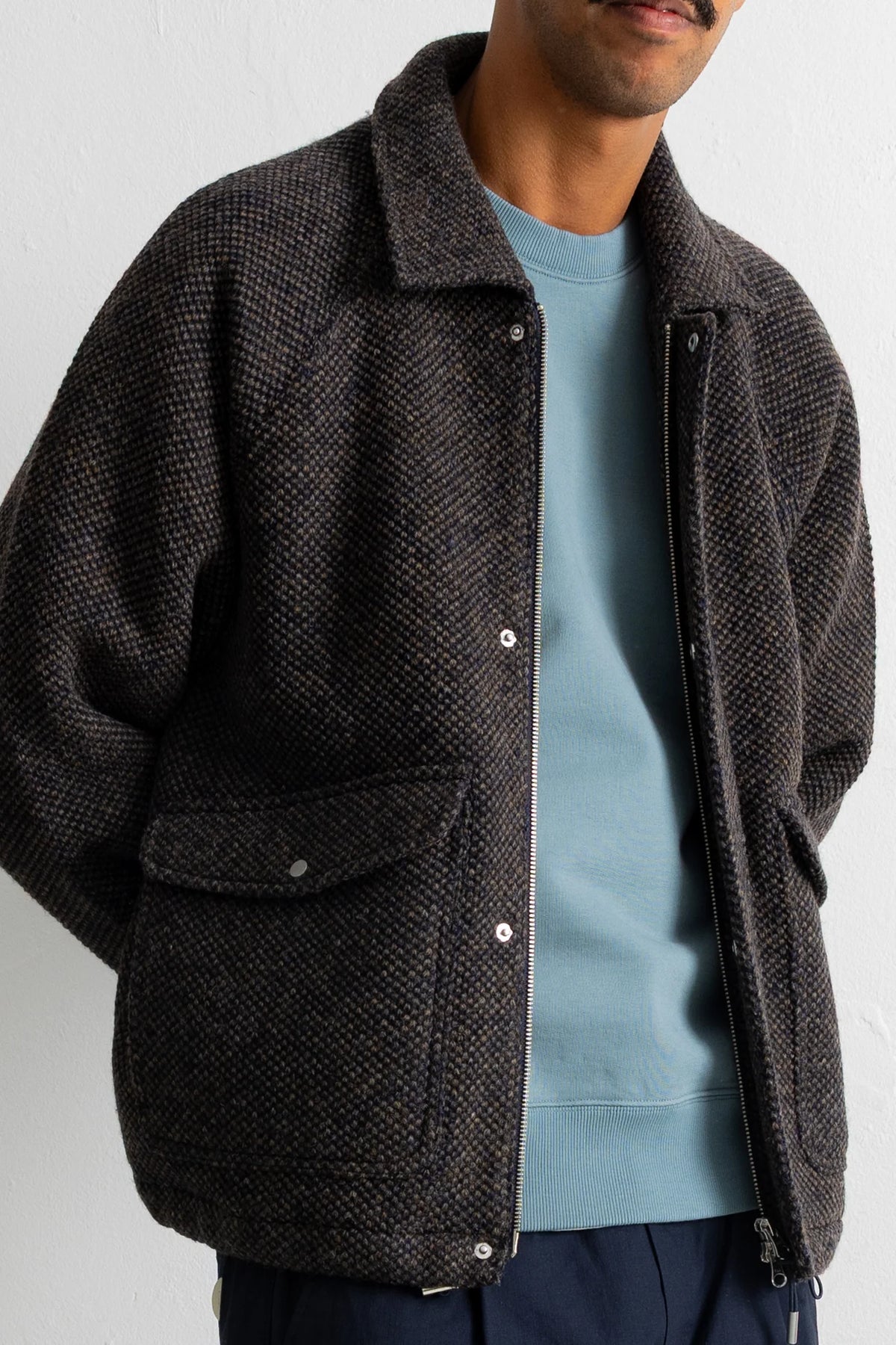 Cropped Winter Coat - Navy Brown Texture