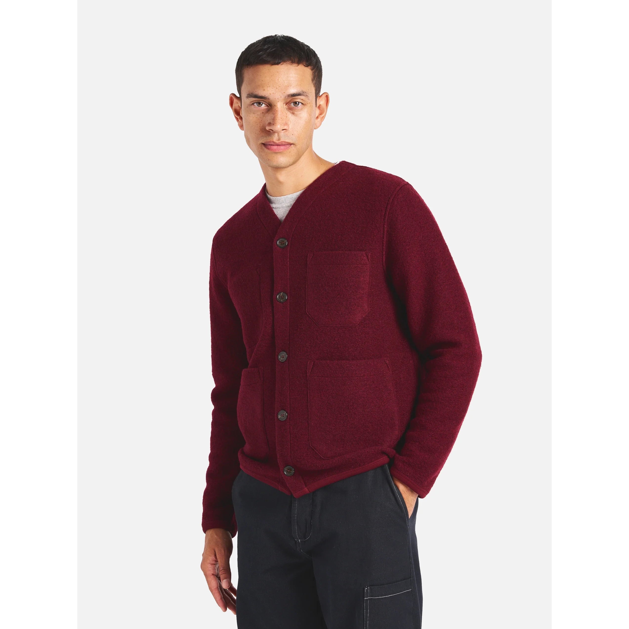 Cardigan - Deep Red Wool Fleece