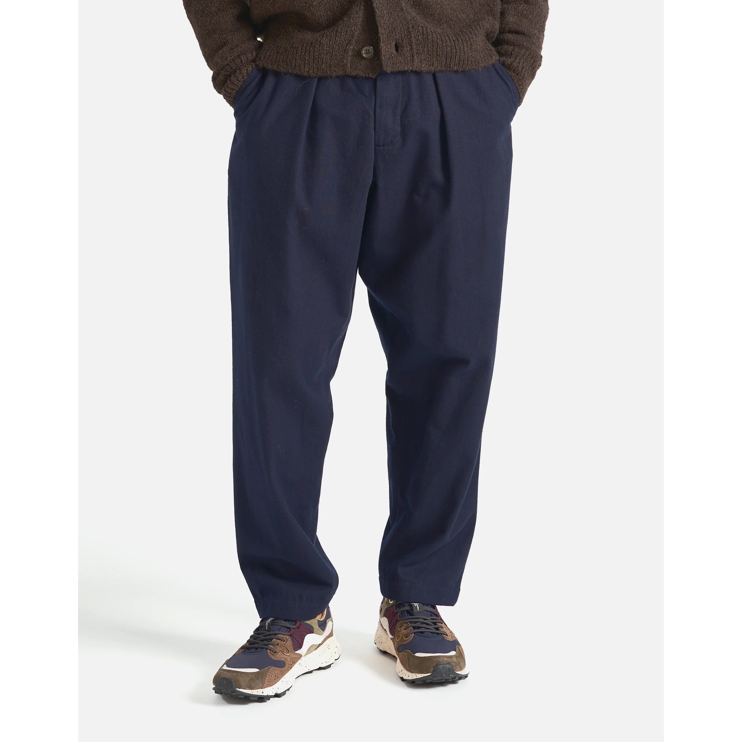 Pleated Track Pants - Navy Brushed Moleskin